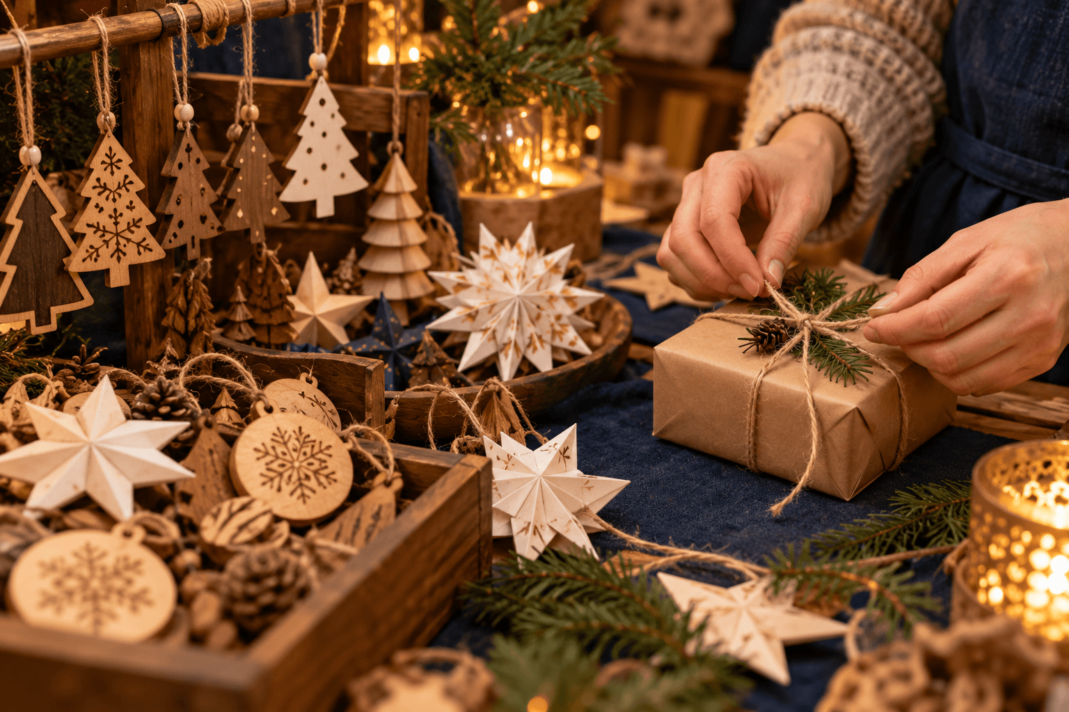 Handgefertigte Holzdekoration und Papiersterne neben einem Geschenk, das in Papier eingepackt wird