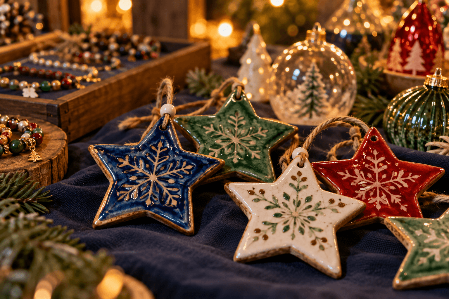 Keramiksterne, Schmuck und gläserne Weihnachtsdekoration auf einem Kunsthandwerksstand